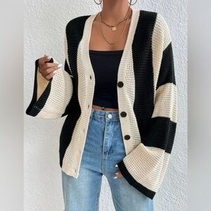 Striped Black and Cream Cardigan Sweater